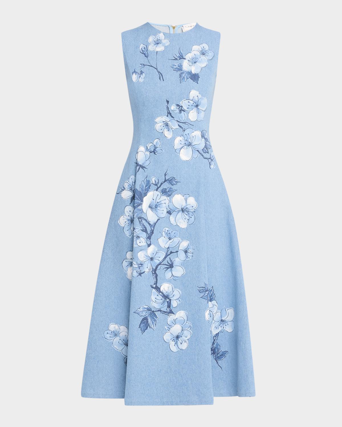 Oscar de la Renta Cherry Blossom Printed Denim Sleeveless Midi