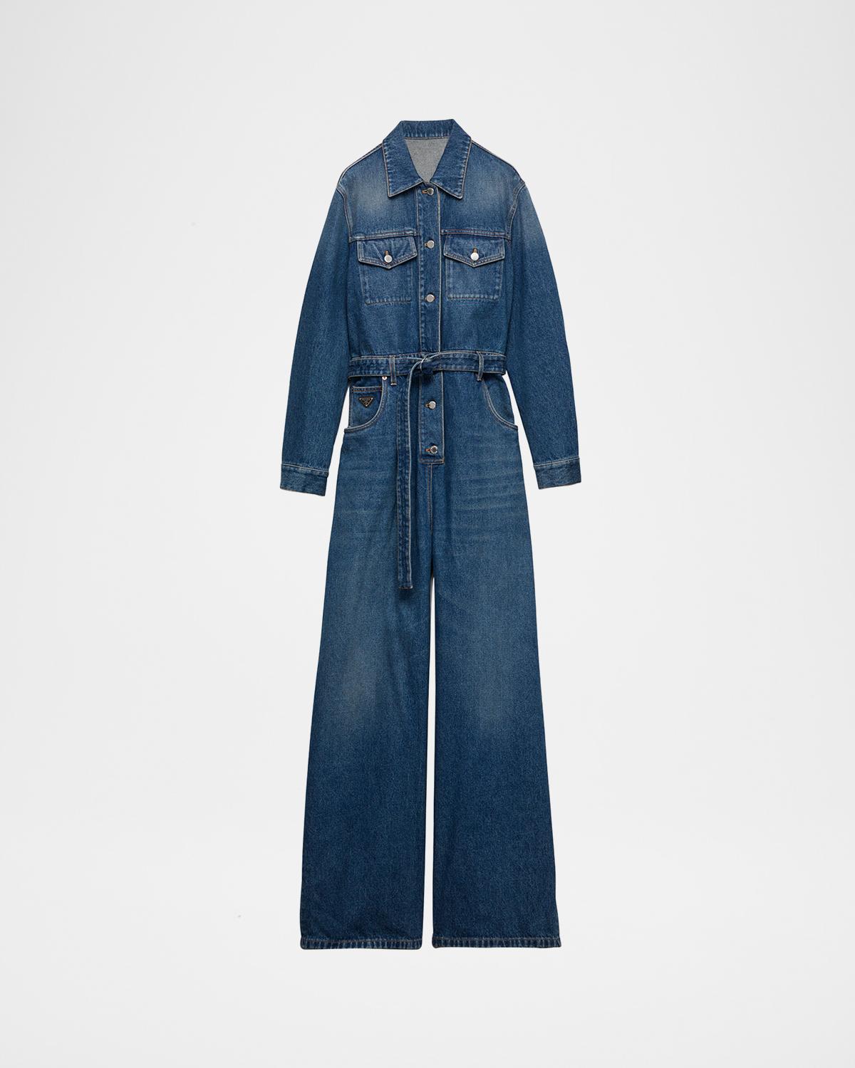 Prada Denim Belted Wide Leg Jumpsuit | Neiman Marcus