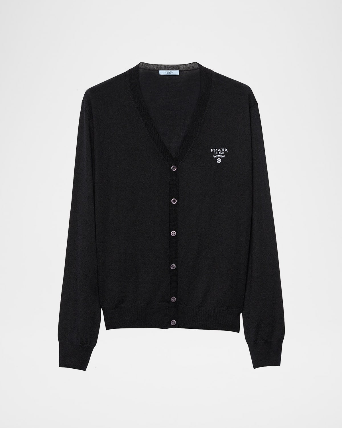Prada Logo Intarsia V-Neck Superfine Cashmere Cardigan | Neiman Marcus