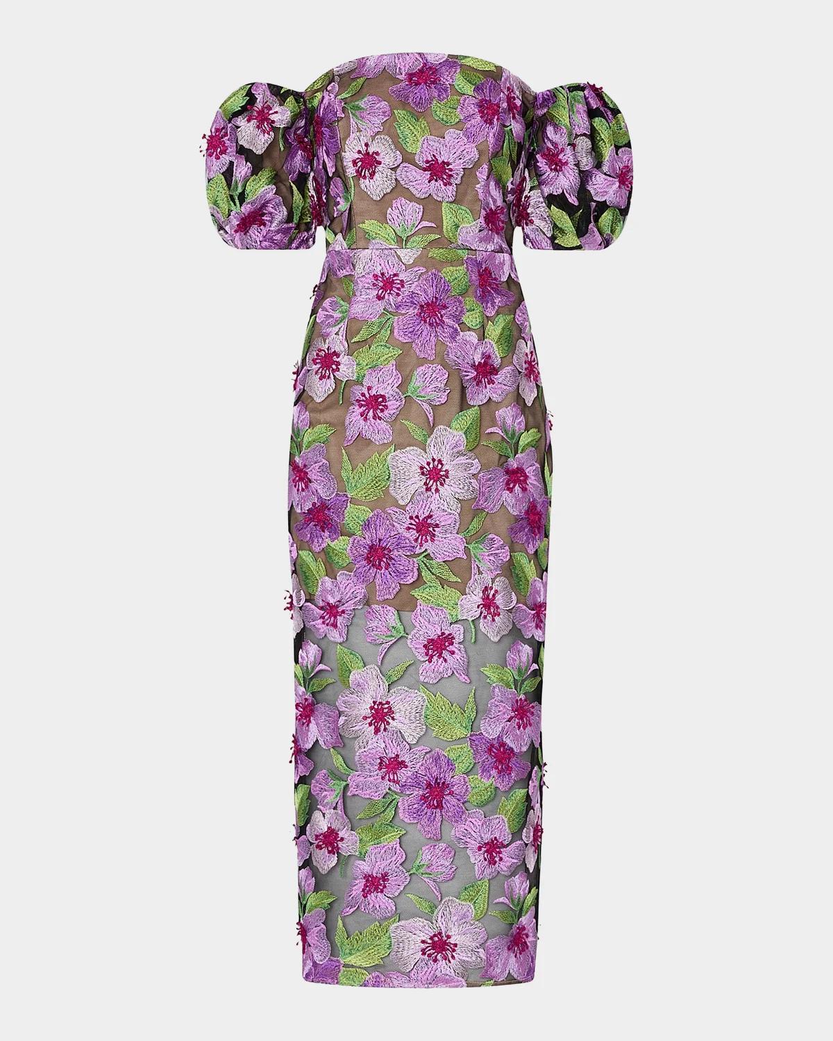 Nira Floral-Embroidered Off-The-Shoulder Midi-Dress