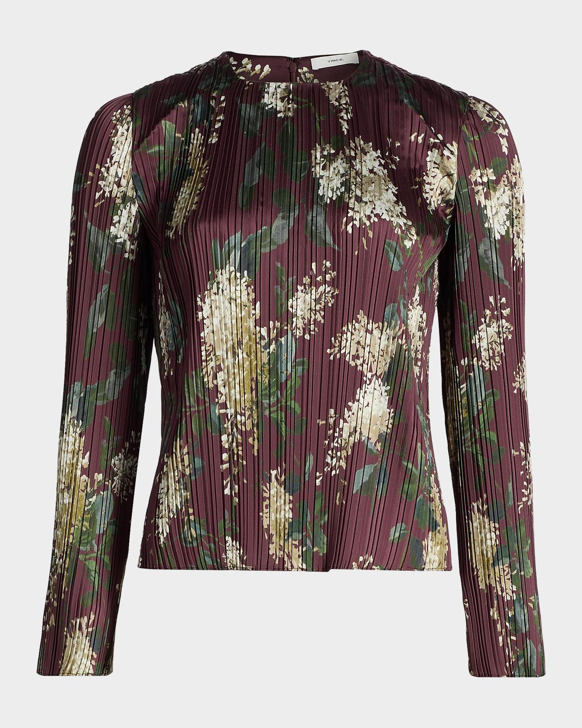 Floral Micro-Pleated Crewneck Top