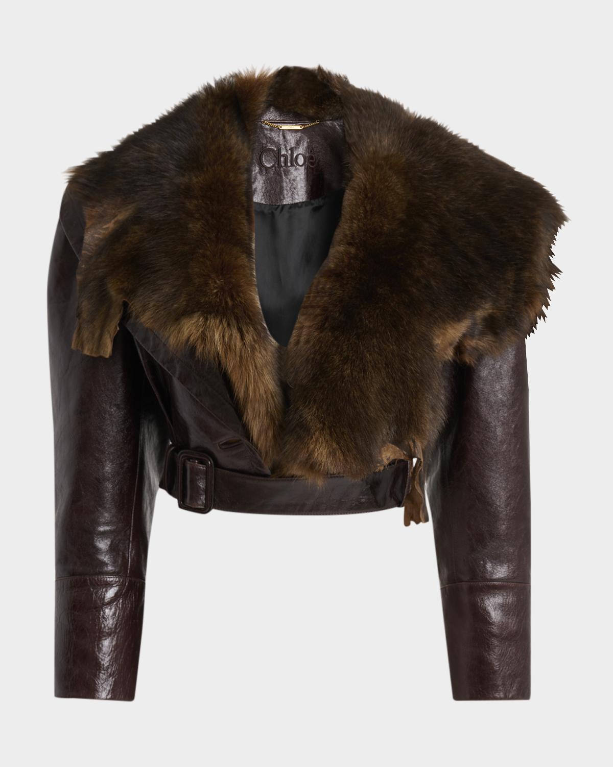 Chloé Shiny Leather Crop Moto Jacket With Removable Lamb Shearling