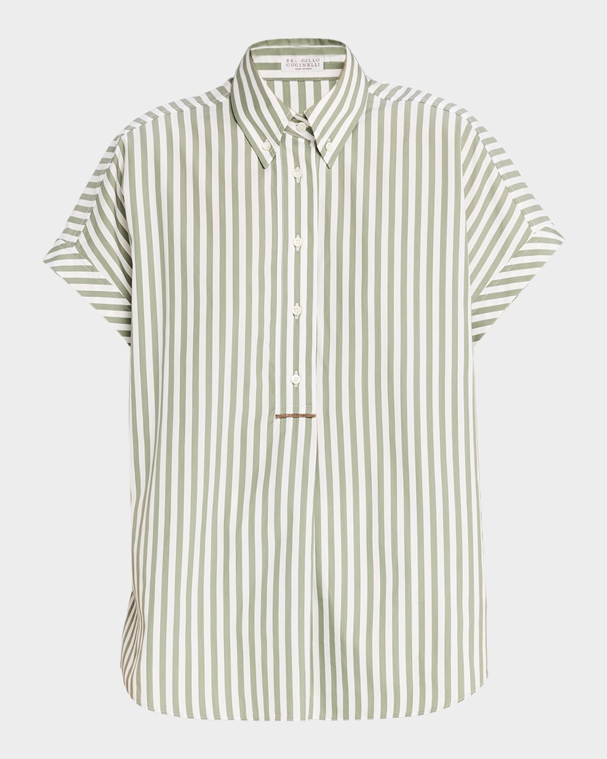 Brunello Cucinelli Striped Linen Short-Sleeve Collared Shirt