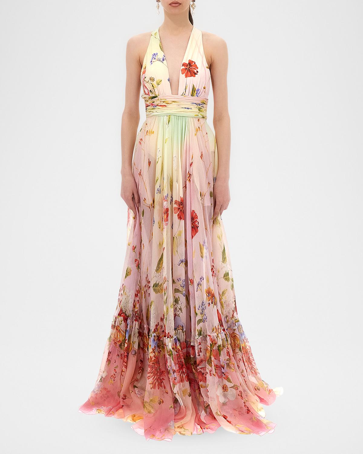 Miami Flowers Print Plunging Silk Chiffon Gown - thumbnail 2