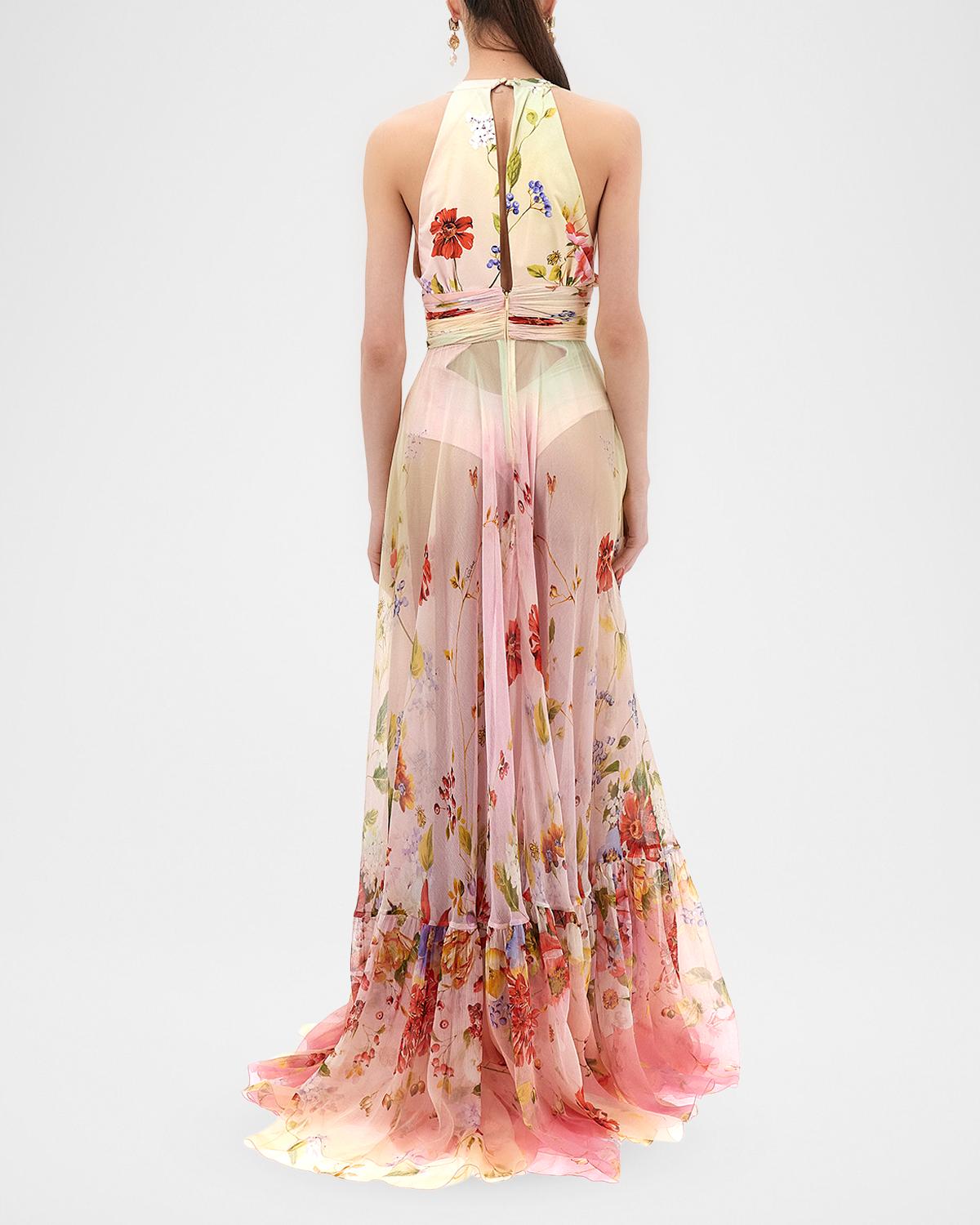 Miami Flowers Print Plunging Silk Chiffon Gown - thumbnail 3