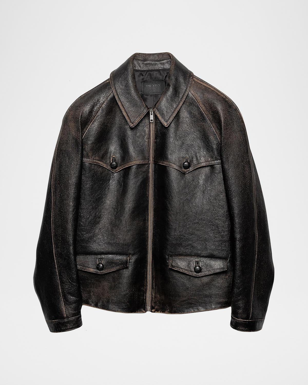 Prada Leather Shirting Zip-Front Jacket | Neiman Marcus