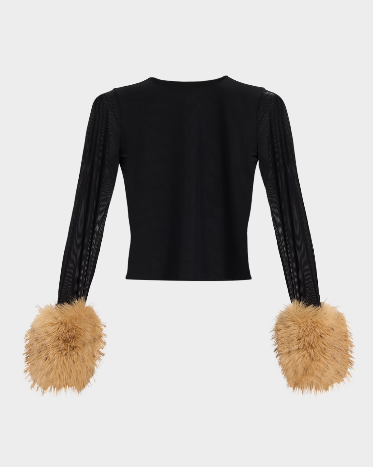 ALICE + OLIVIA Delaina Mesh Top with Faux Fur Cuffs | Neiman Marcus