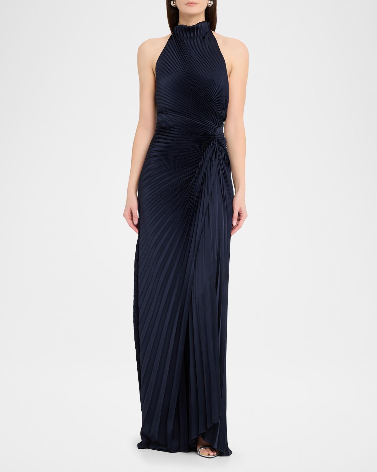Romy High-Neck Pleated Satin Gown - thumbnail 2