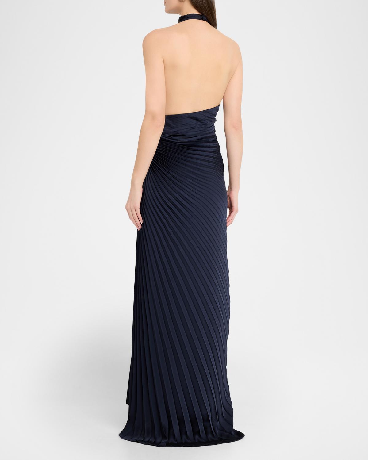 Romy High-Neck Pleated Satin Gown - thumbnail 3