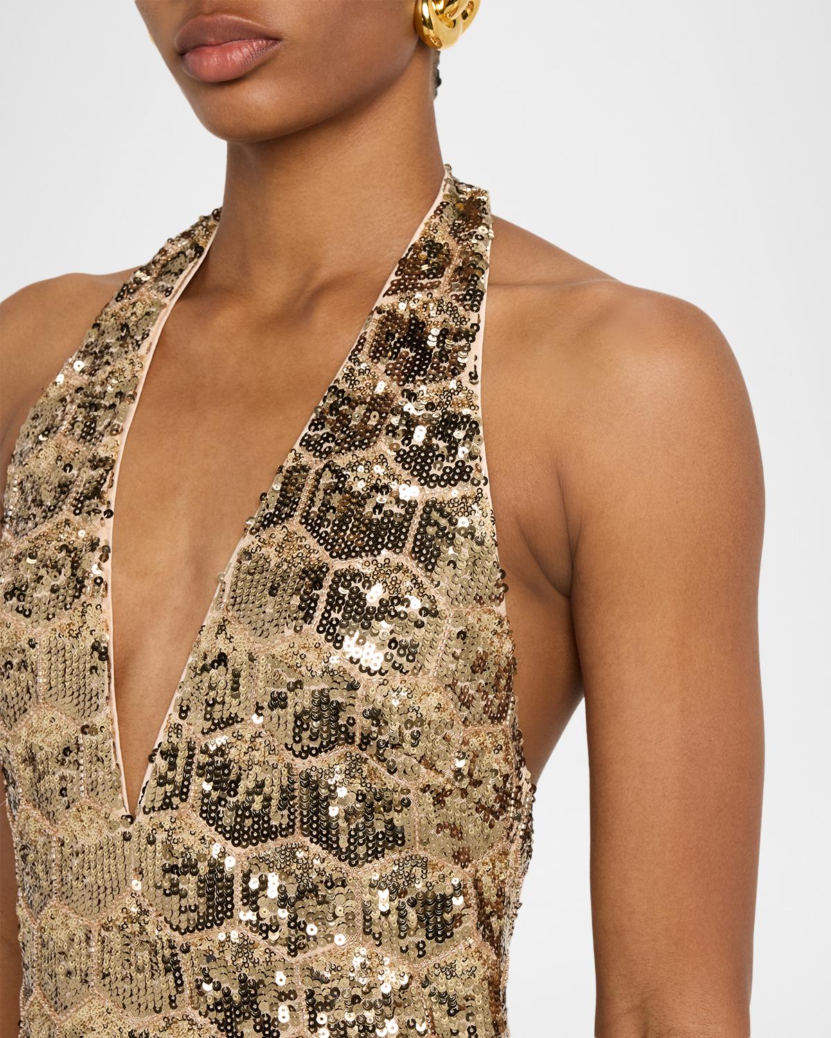 Shauna Backless Geometric Sequin Halter Gown - thumbnail 5