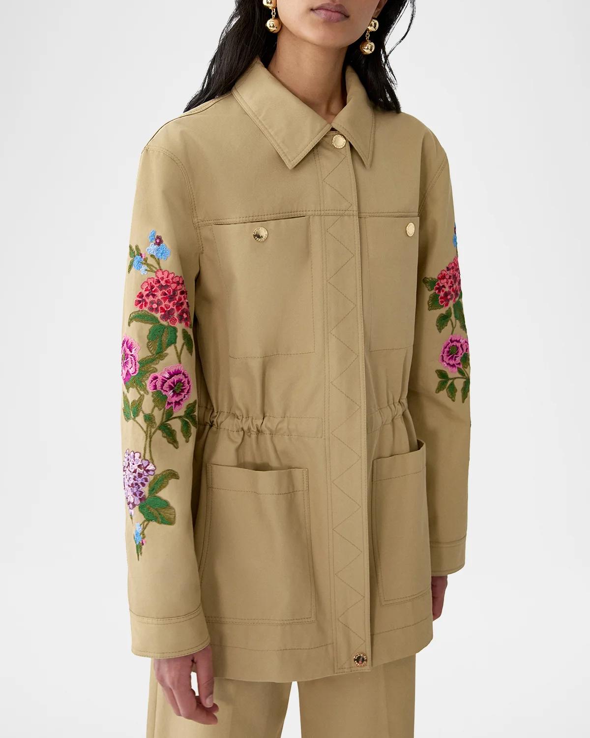 Floral Embroidered Cotton Twill Zip Utility Jacket - thumbnail 4