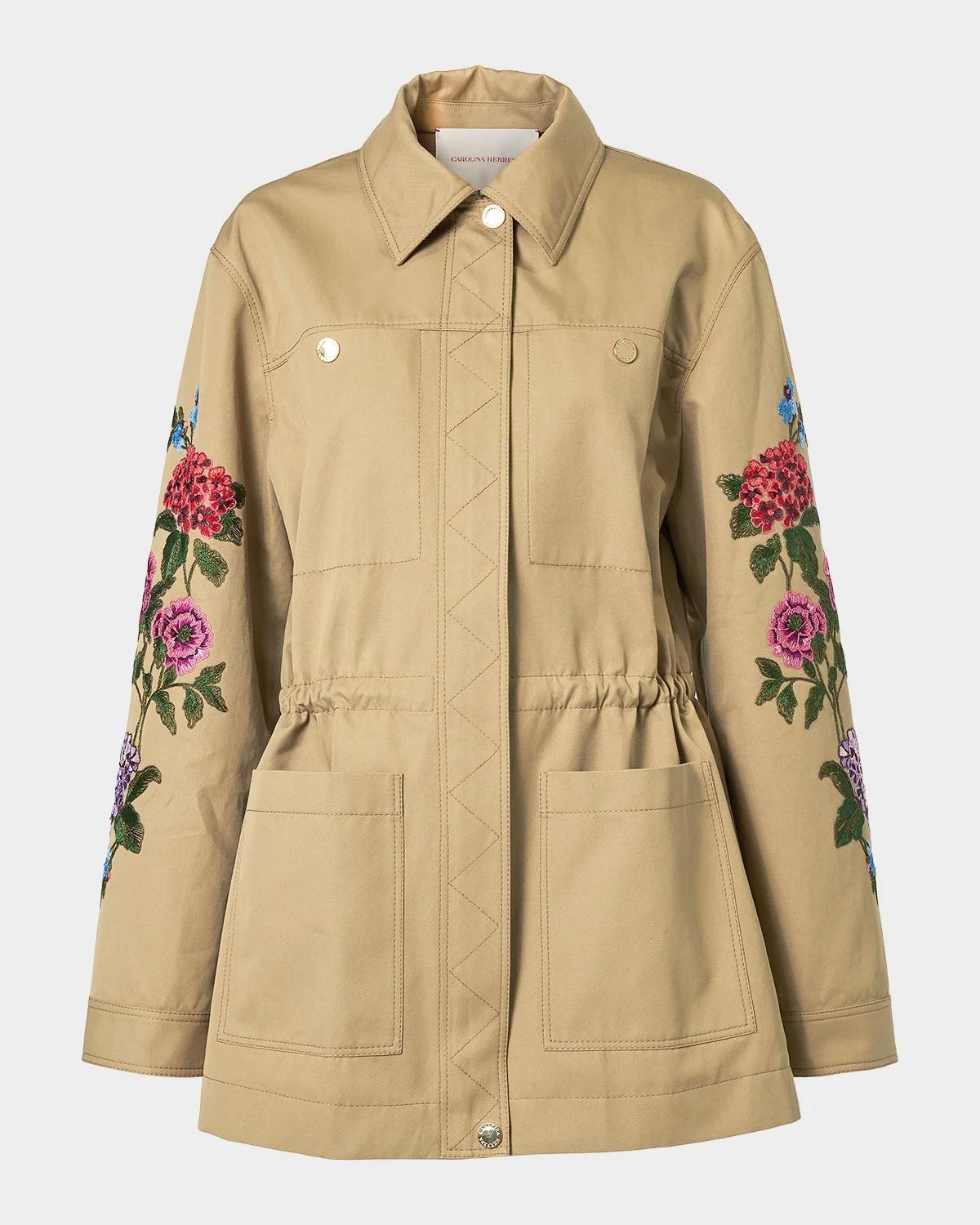Floral Embroidered Cotton Twill Zip Utility Jacket