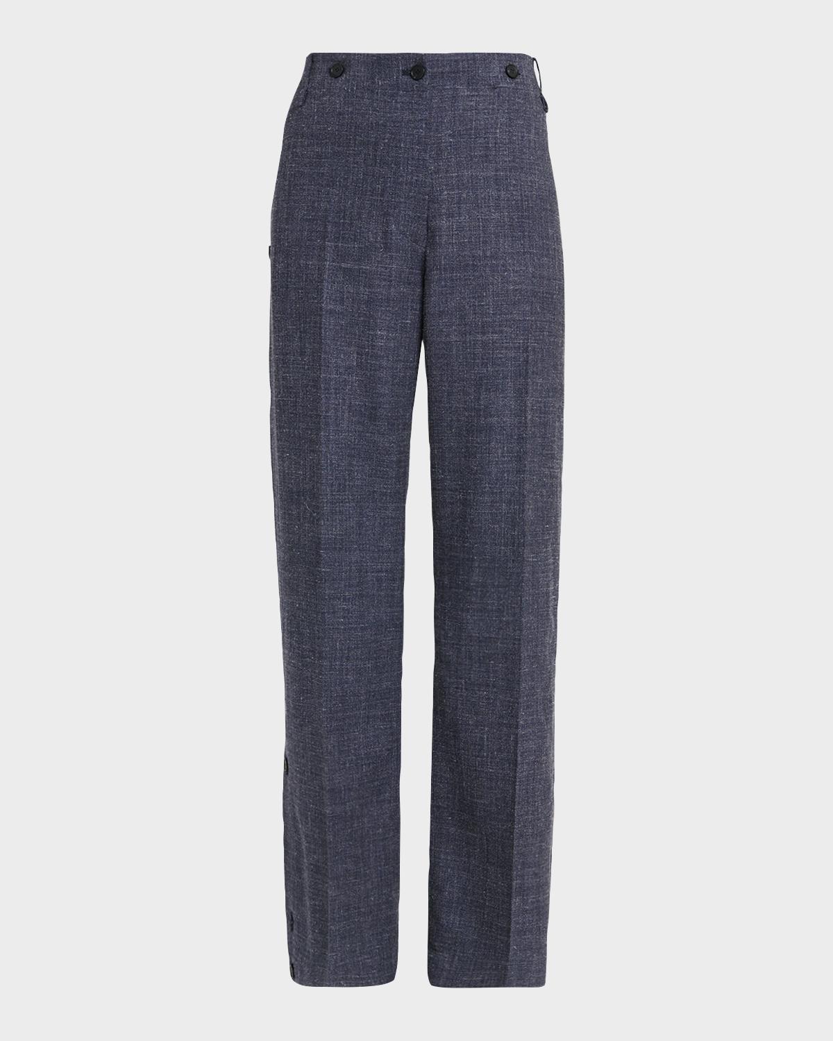 Wool-Linen Buttoned Straight-Leg Trousers