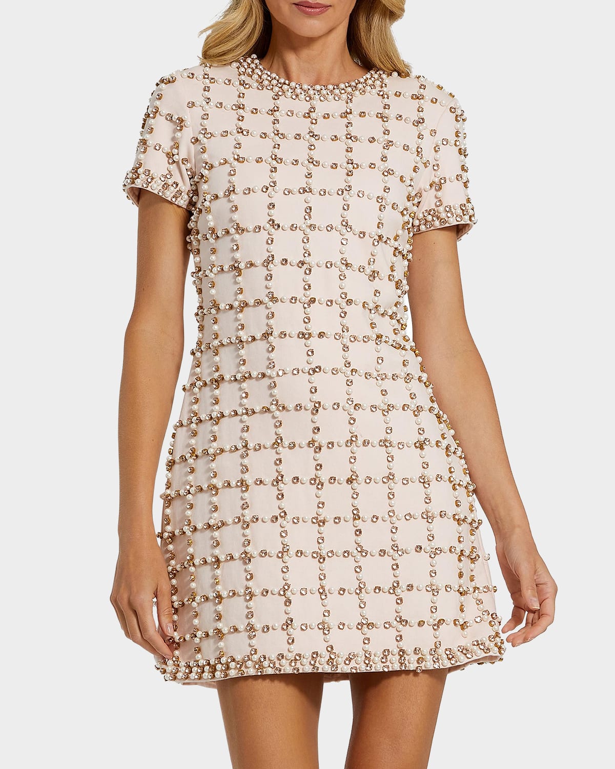 mac duggal beaded mini sheath dress Mac Duggal - Beige One Shoulder Sheer Hand Sequined Mini Dress main image 0