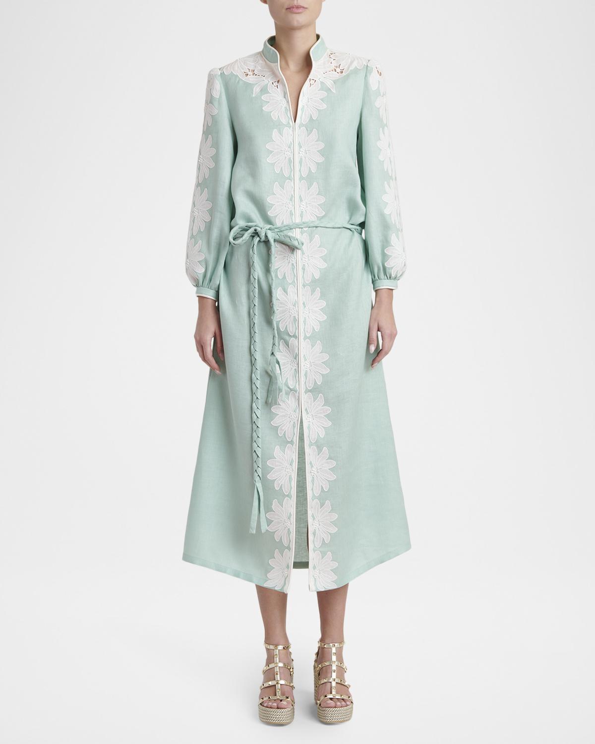 Floral Embroidered Linen Belted Midi Dress - thumbnail 2