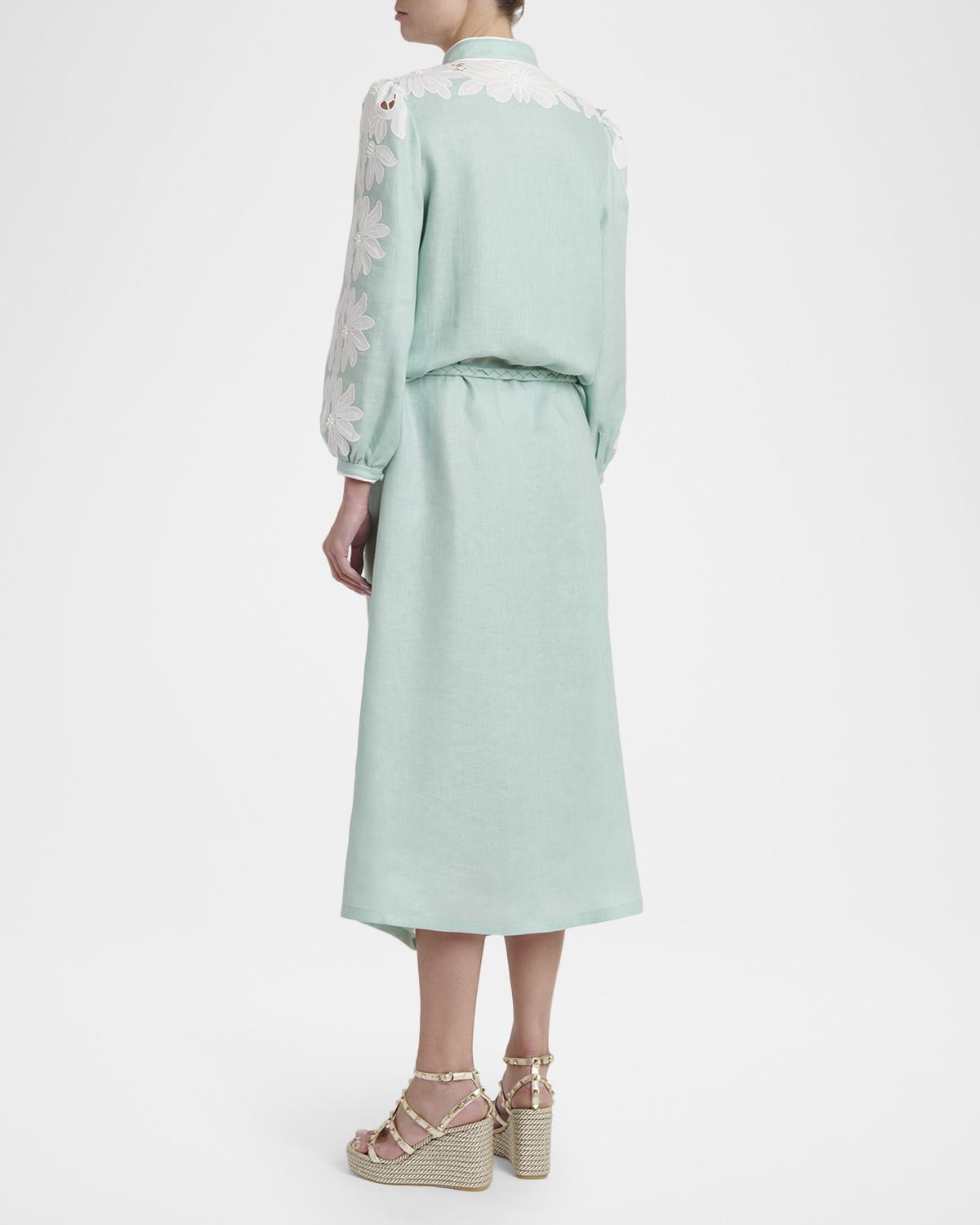 Floral Embroidered Linen Belted Midi Dress - thumbnail 3