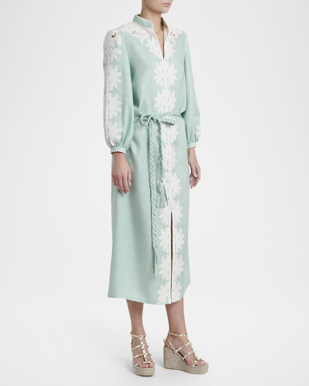 Floral Embroidered Linen Belted Midi Dress - thumbnail 4