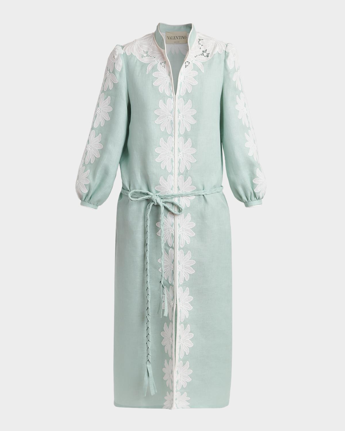 Floral Embroidered Linen Belted Midi Dress