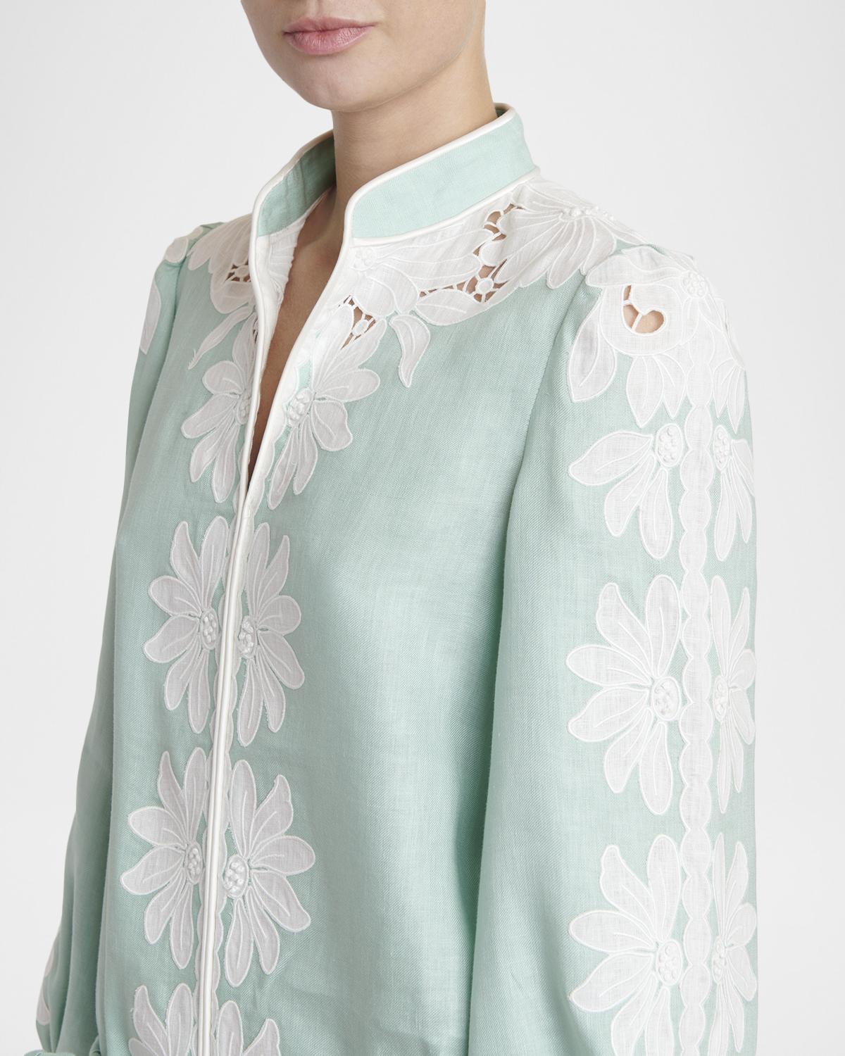 Floral Embroidered Linen Belted Midi Dress - thumbnail 5