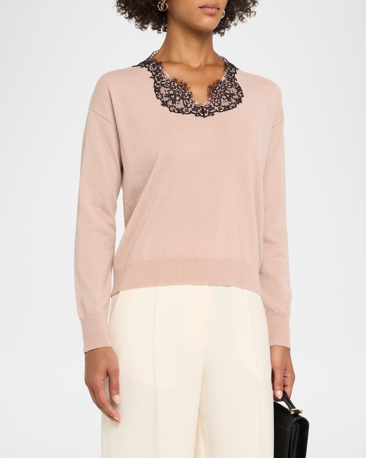 Lace-Trim V-Neck Cashmere Sweater - thumbnail 4