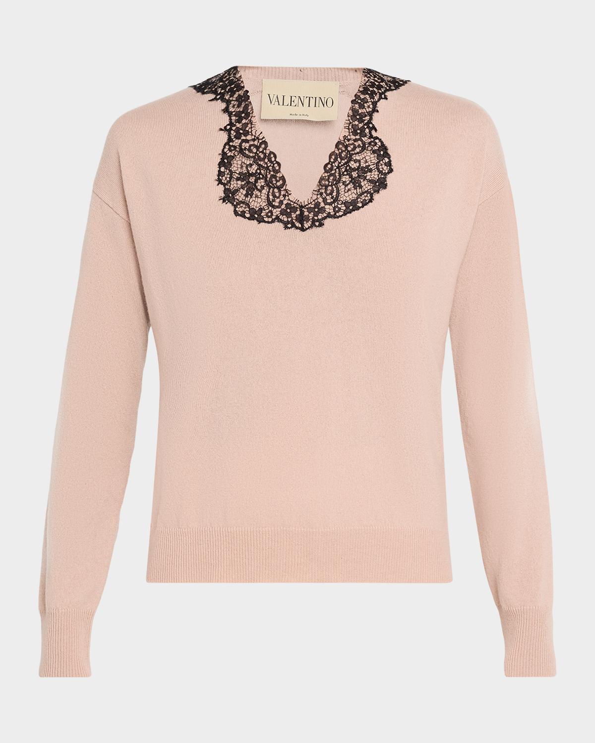 Lace-Trim V-Neck Cashmere Sweater