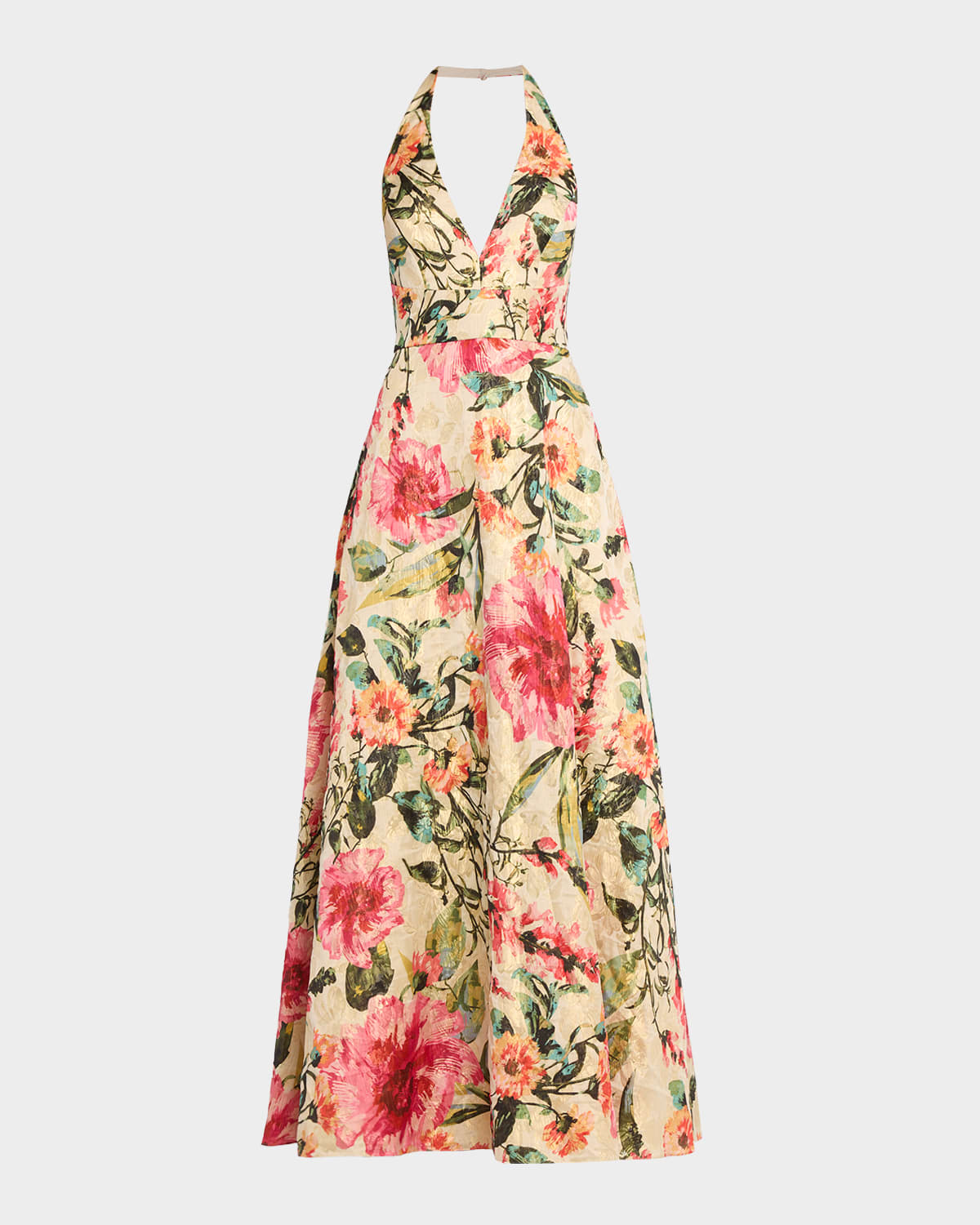 Aidan Mattox Floral Jacquard Plunging Halter Gown | Neiman Marcus