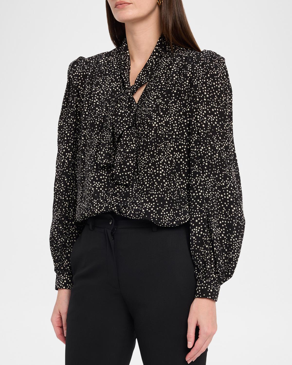 Neck-Scarf Star Silk Puff-Sleeve Blouse - thumbnail 4