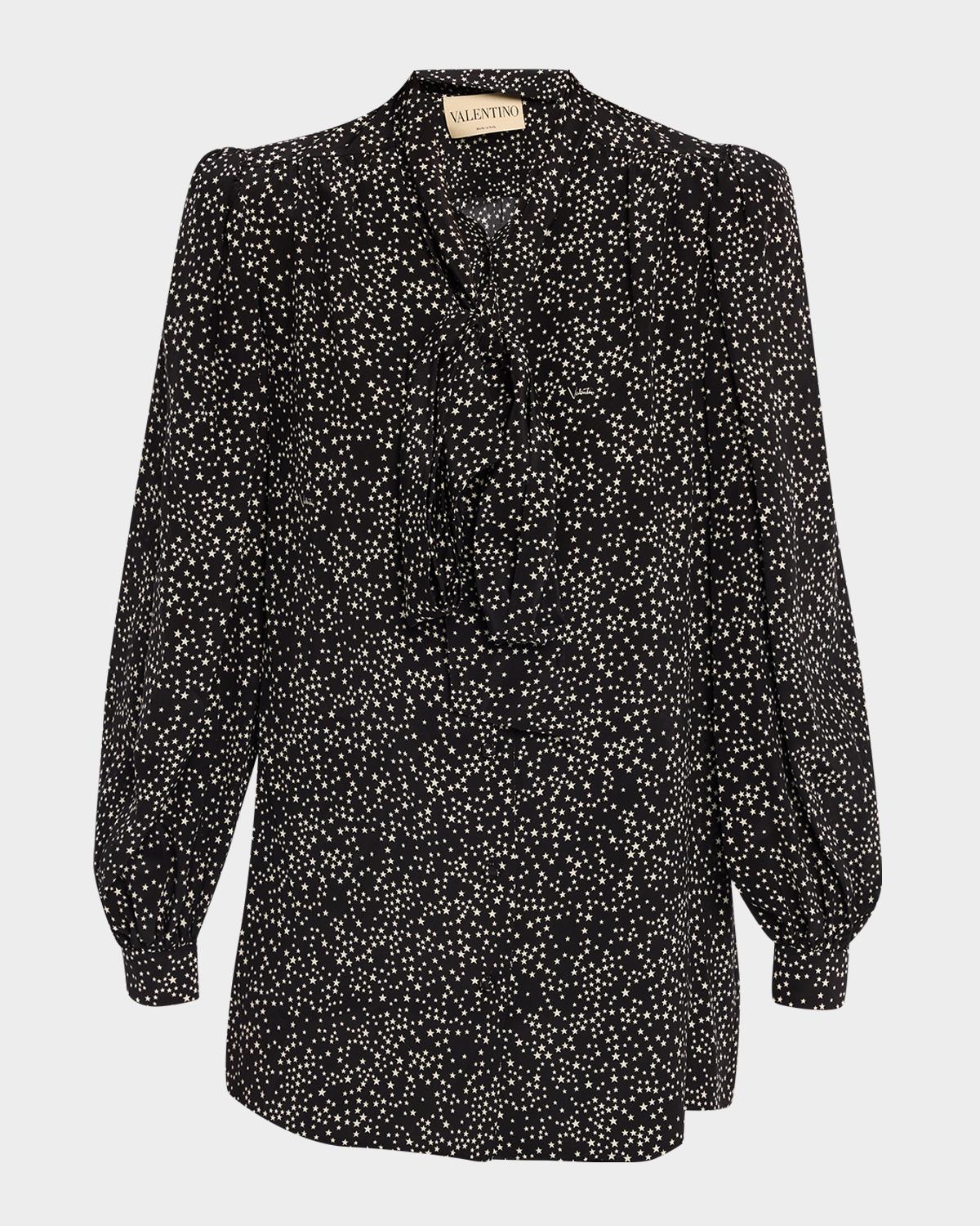 Neck-Scarf Star Silk Puff-Sleeve Blouse
