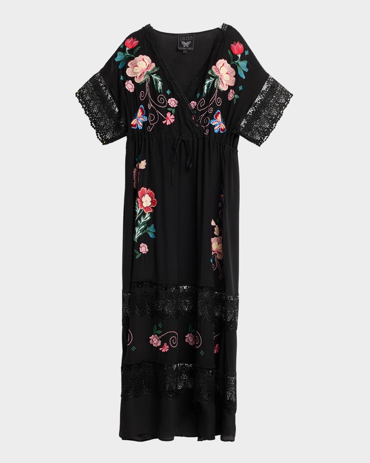 ル*M様 ジョリーフルール tracupクラシカルフラワー　ブラック　フリルトー Johnny Was Amapola Embroidered Lace-Trim Maxi Dress | Neiman Marcus