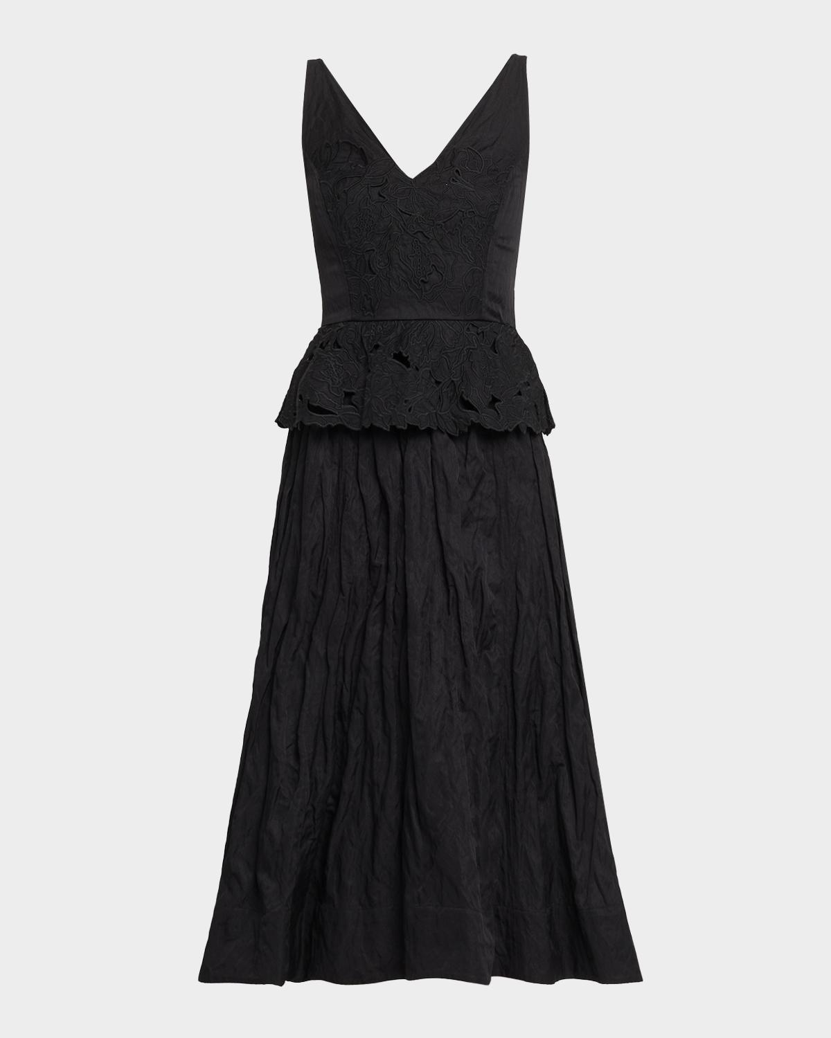 Sleeveless Floral Embroidered Peplum Midi Dress