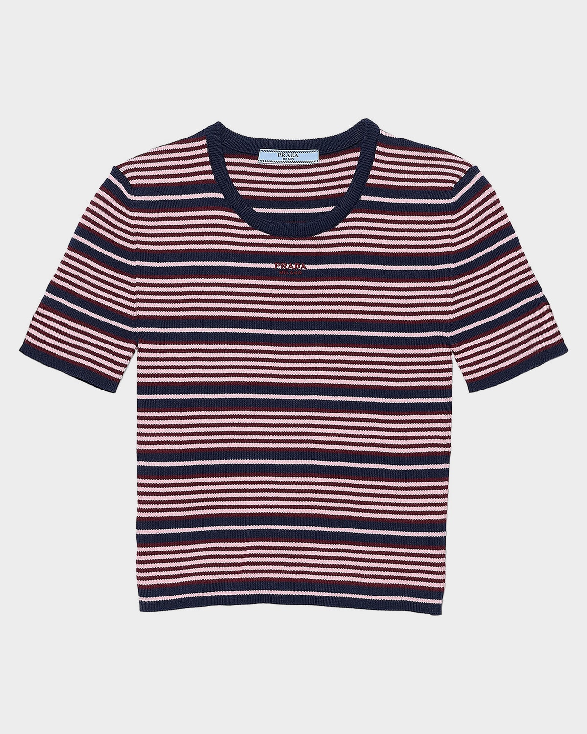 Prada Short-Sleeve Striped Cotton Rib Crop Sweater | Neiman Marcus