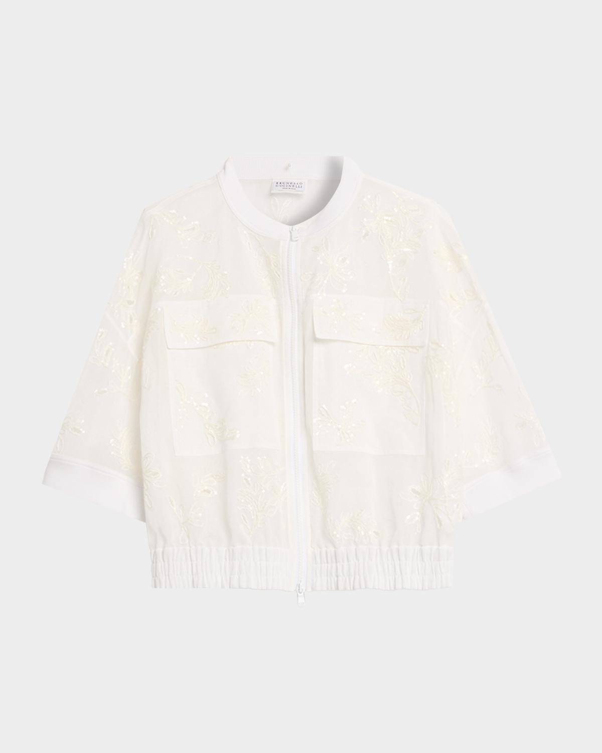 Broderie Anglaise Cotton Organza 3/4-Sleeve Zip Jacket
