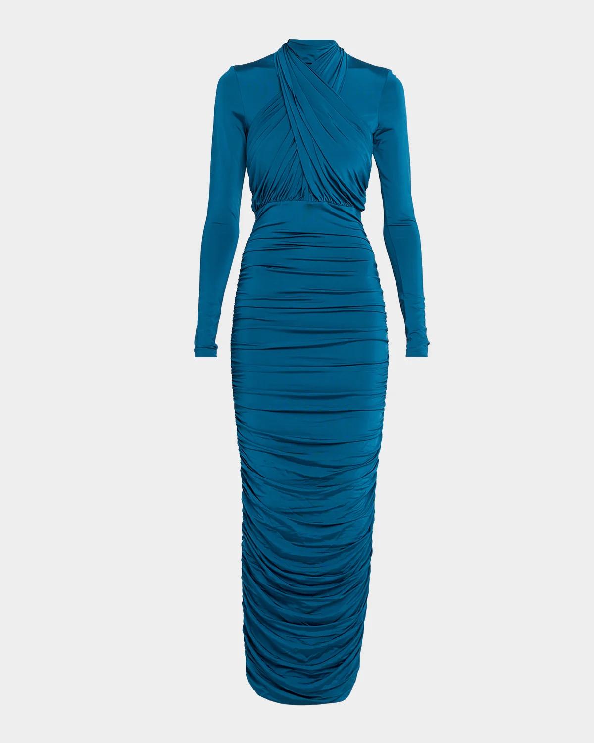 Crisscross Draped Long-Sleeve Jersey Ankle Dress