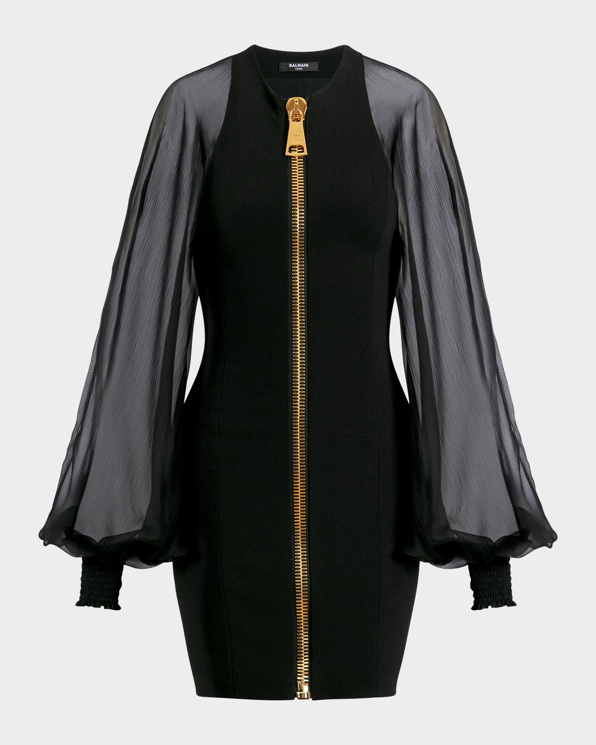Balmain Sheer-Sleeve Compact-Knit Mini Dress | Neiman Marcus