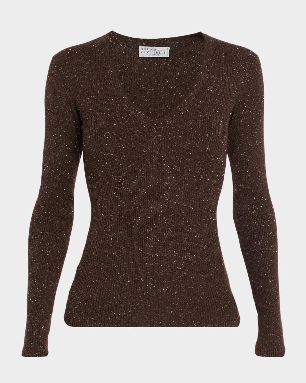 Shimmering Cashmere Rib V-Neck Fitted Sweater