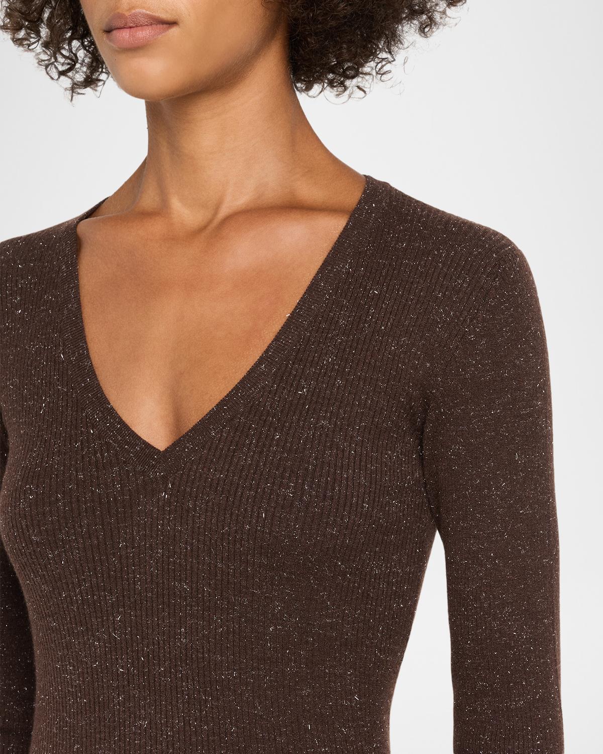 Shimmering Cashmere Rib V-Neck Fitted Sweater - thumbnail 5