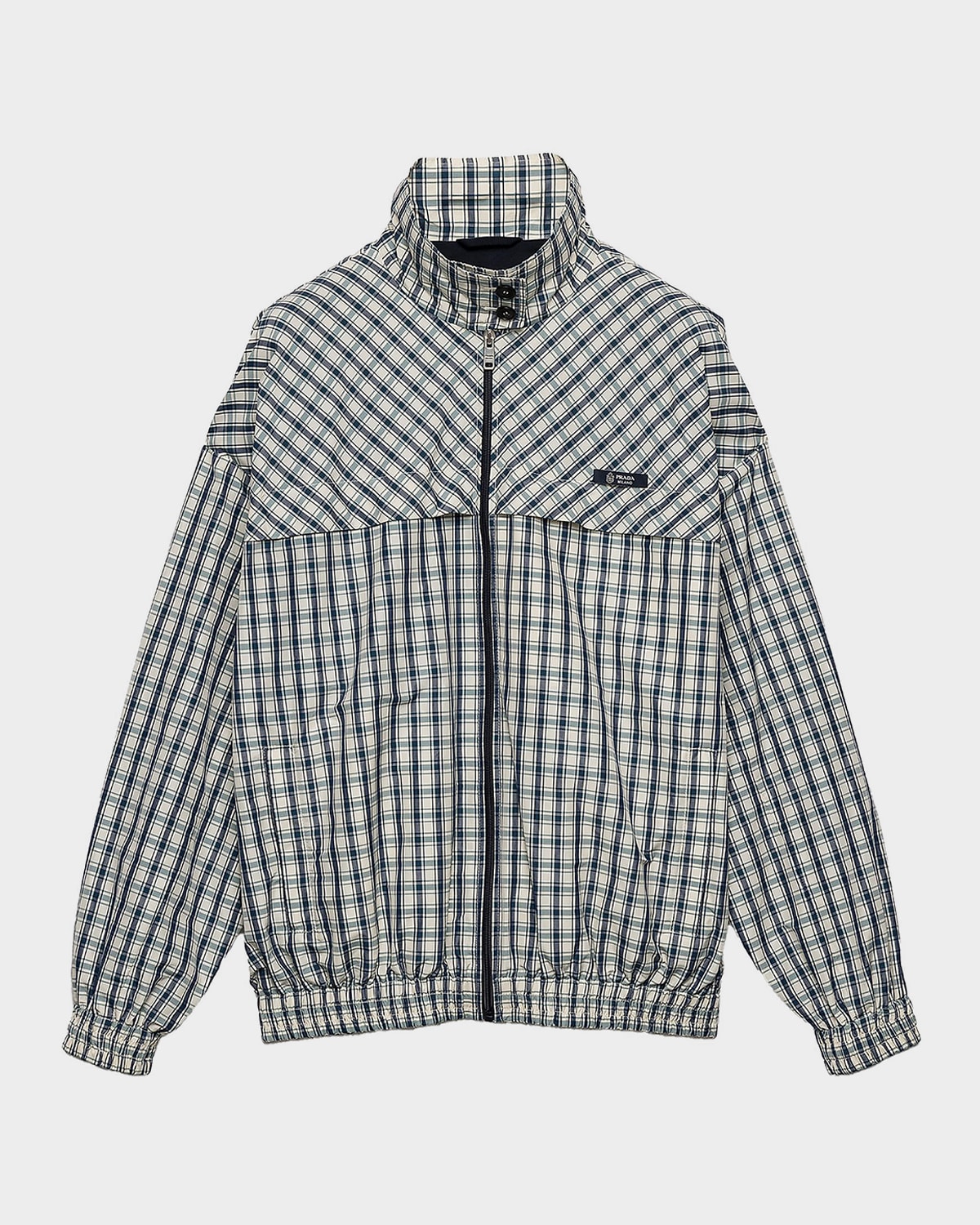 Prada Check Cotton-Blend Chambray Blouson Jacket | Neiman Marcus