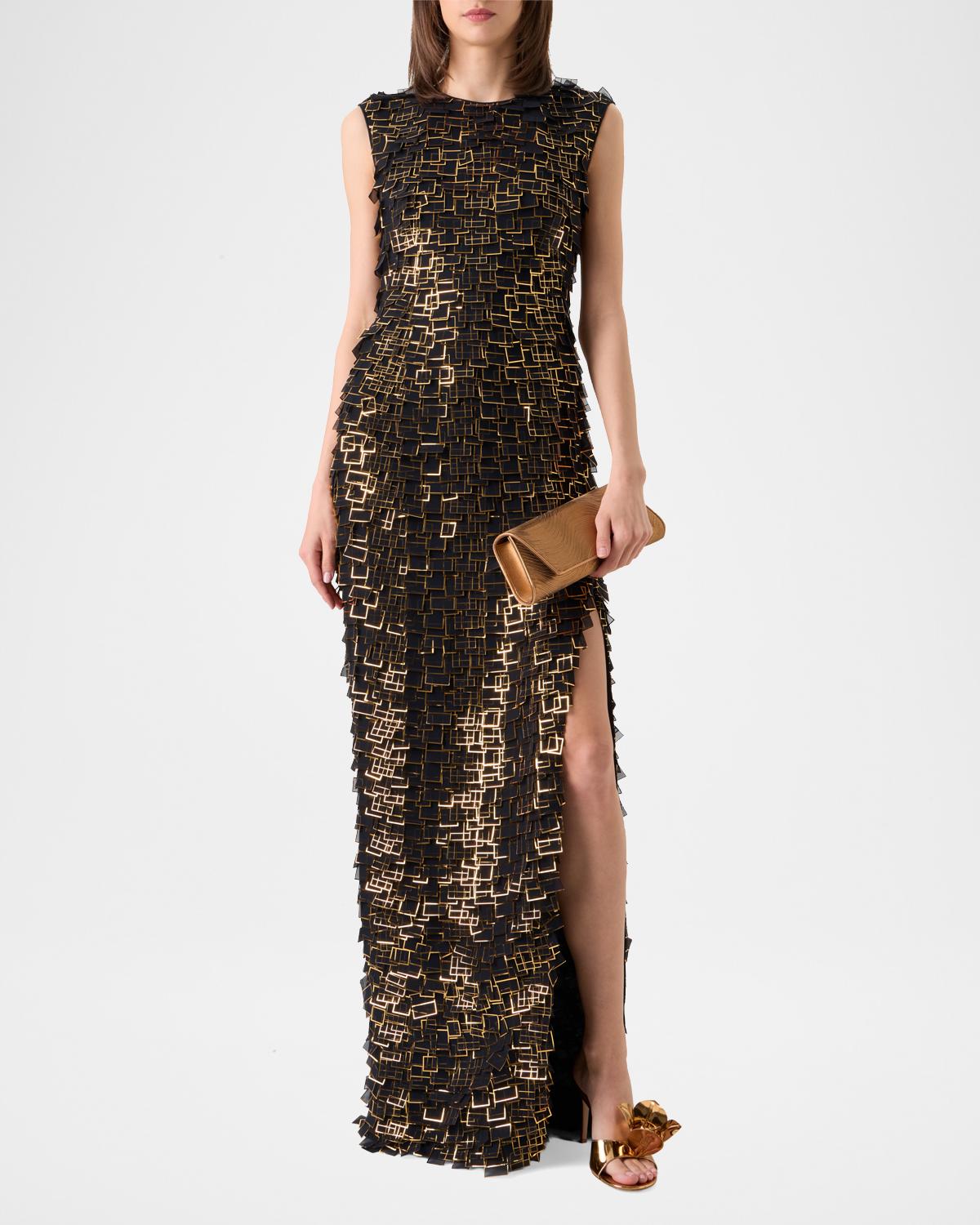 Metallic Organza Tiles Sleeveless Column Gown - thumbnail 2