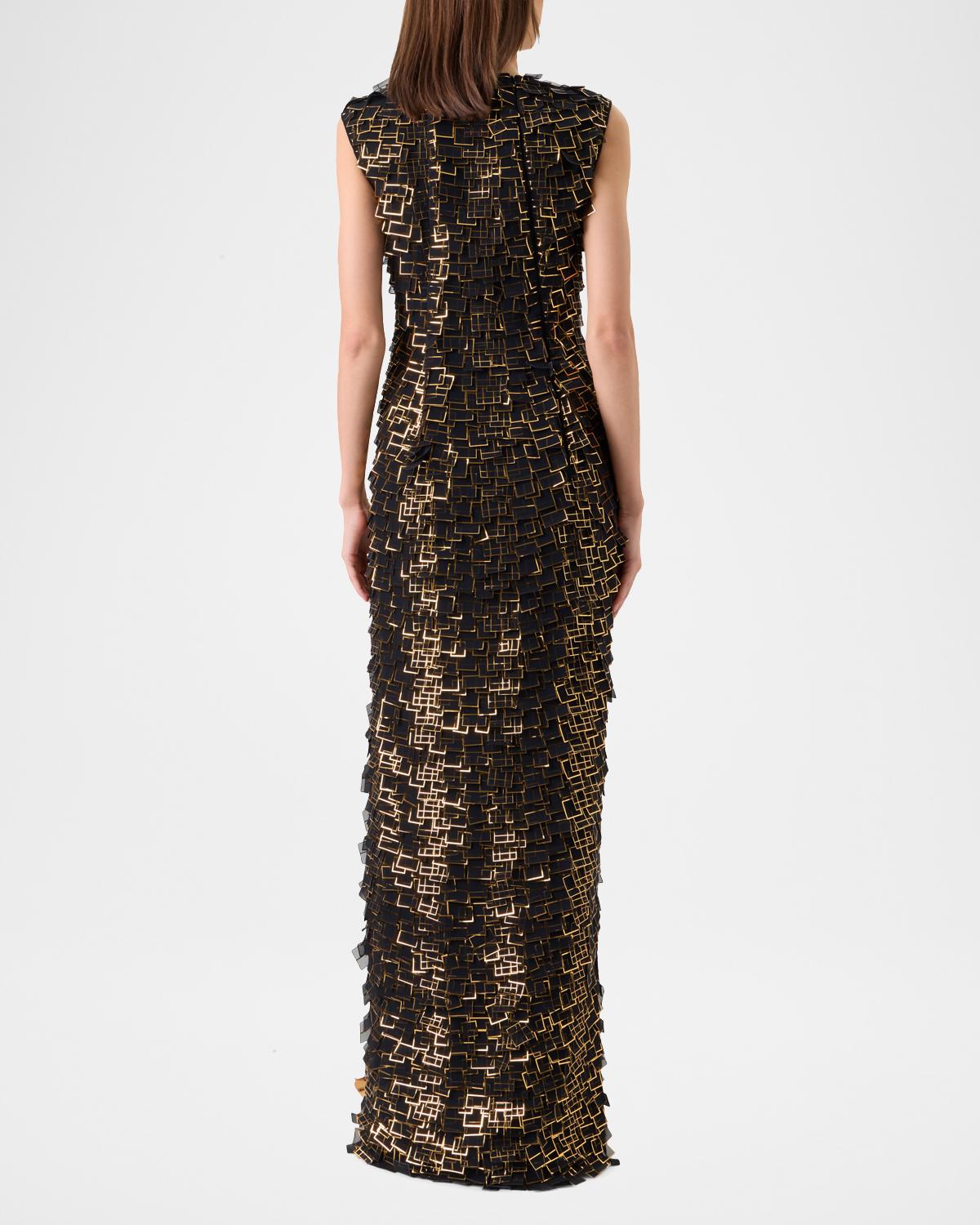 Metallic Organza Tiles Sleeveless Column Gown - thumbnail 3