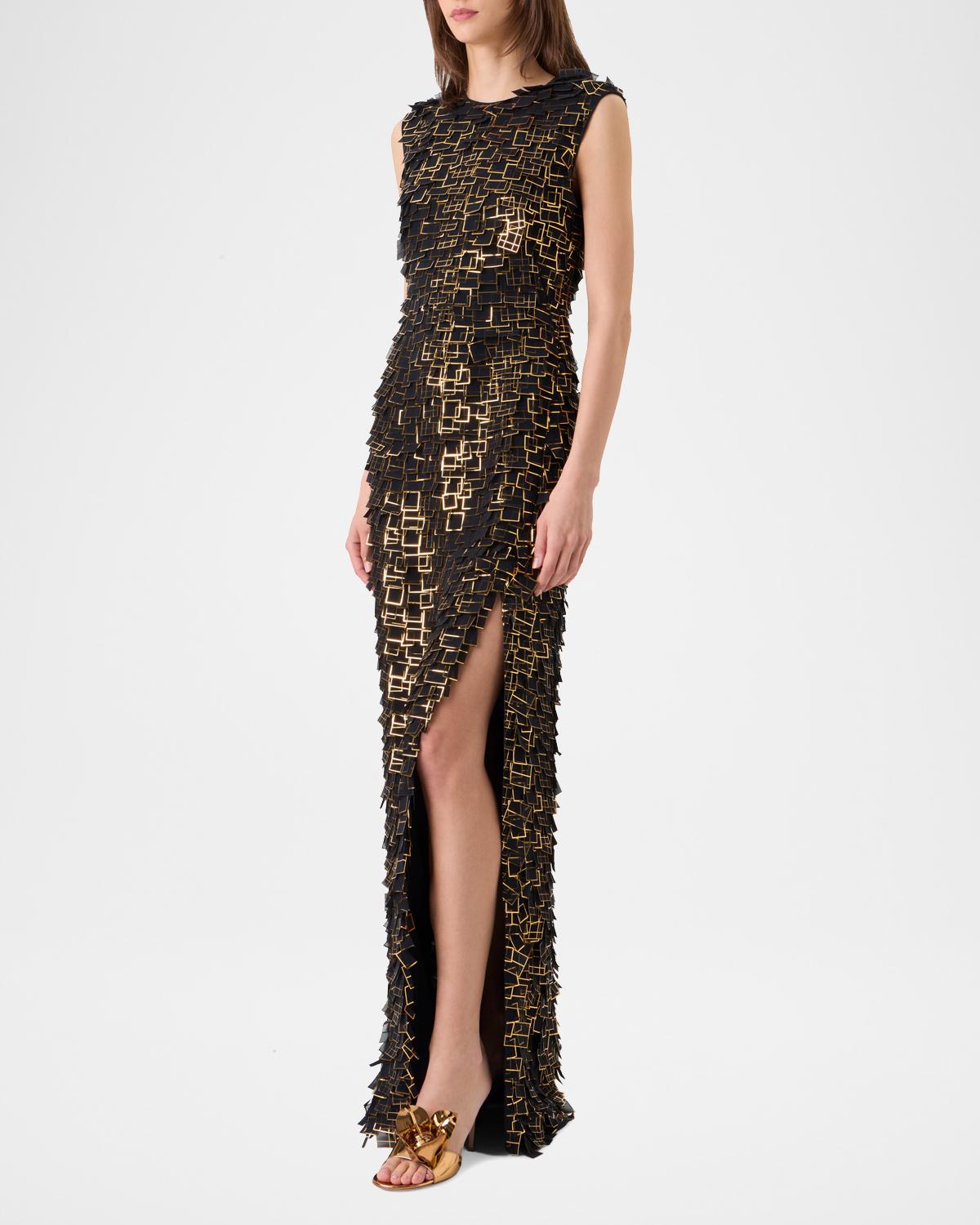Metallic Organza Tiles Sleeveless Column Gown - thumbnail 4