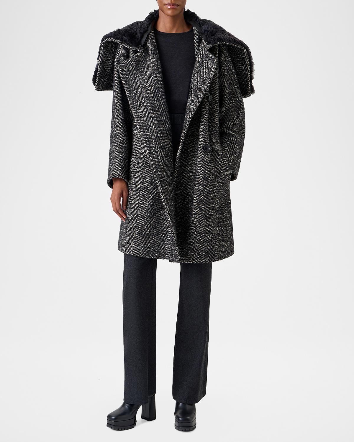 Lamb Shearling Collar Double-Breasted Wool Herringbone Coat - thumbnail 2