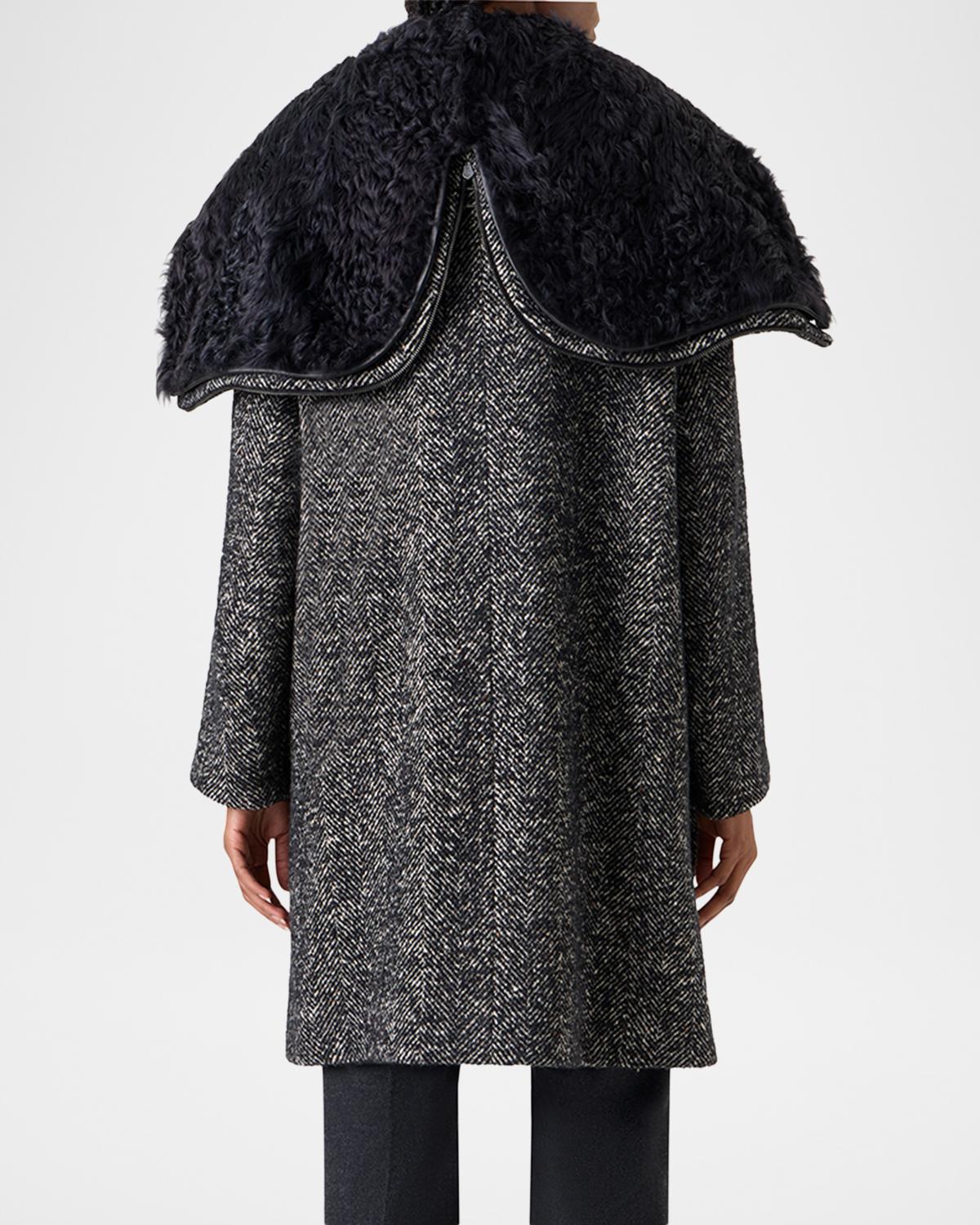 Lamb Shearling Collar Double-Breasted Wool Herringbone Coat - thumbnail 3