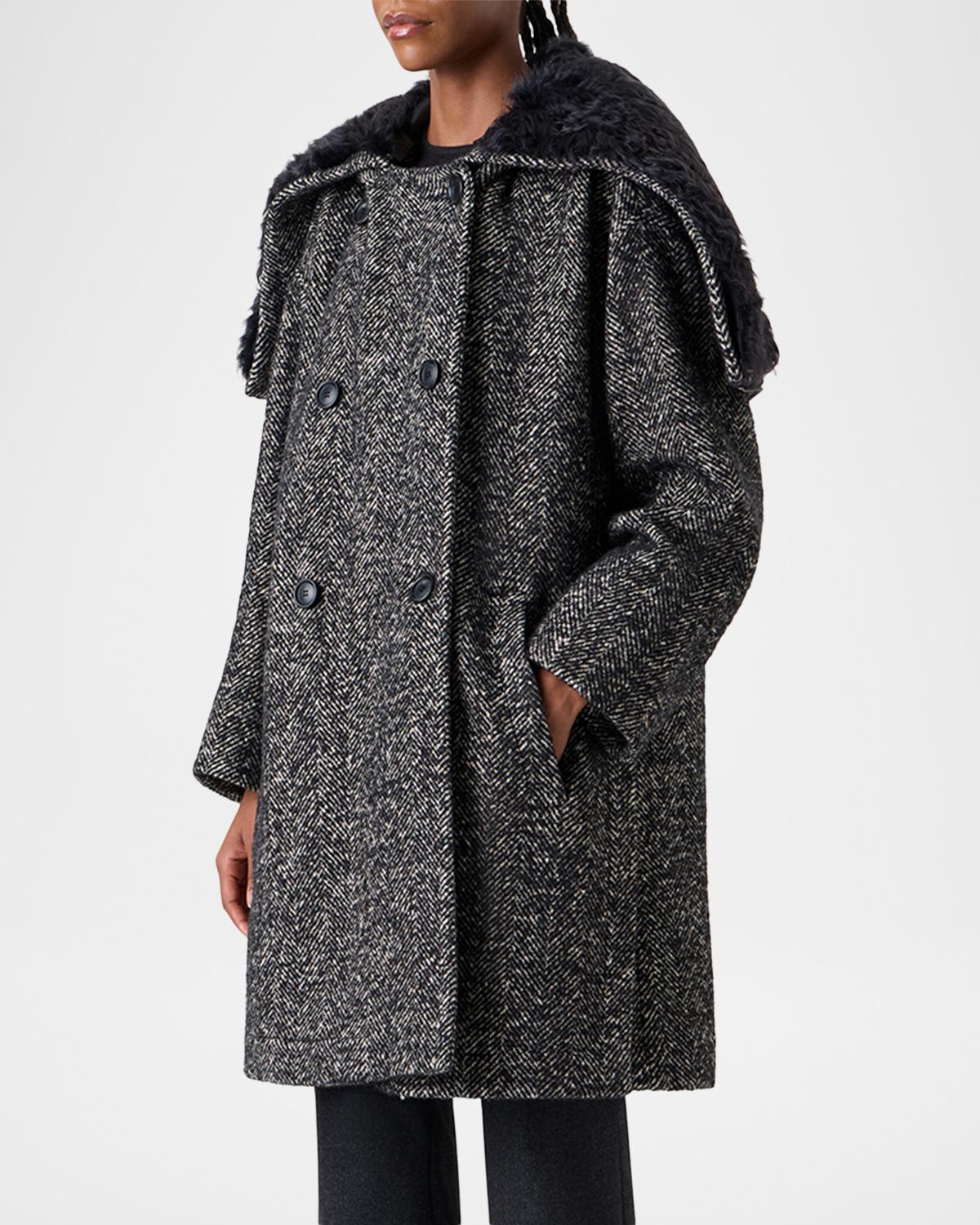 Lamb Shearling Collar Double-Breasted Wool Herringbone Coat - thumbnail 4