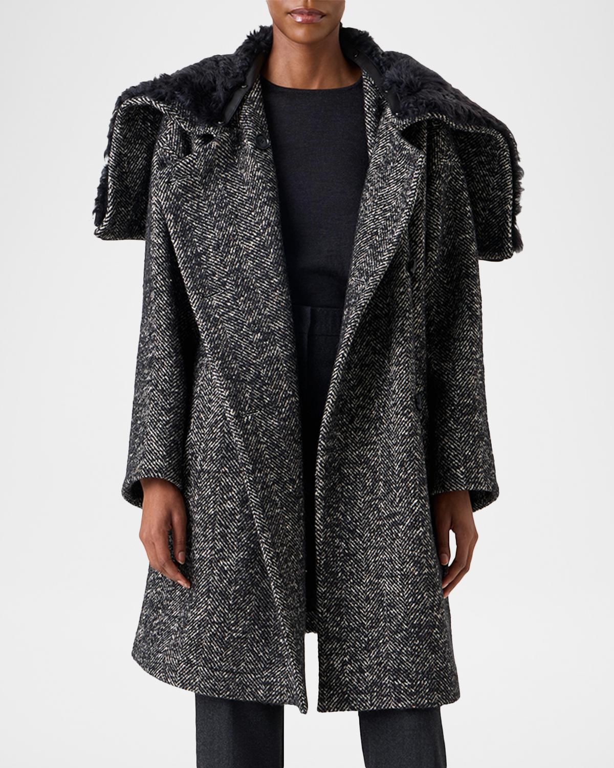 Lamb Shearling Collar Double-Breasted Wool Herringbone Coat - thumbnail 5