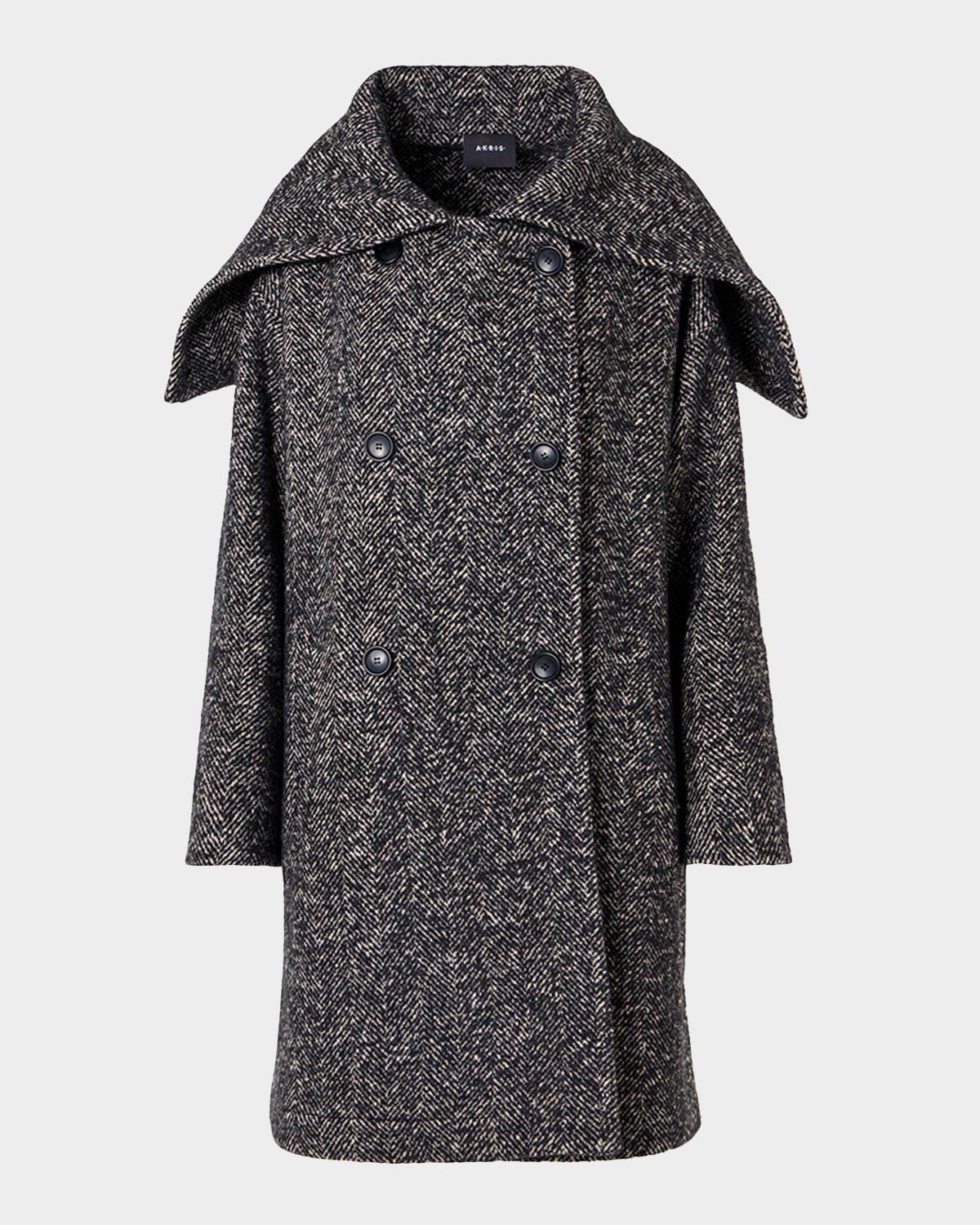 Lamb Shearling Collar Double-Breasted Wool Herringbone Coat - thumbnail 6