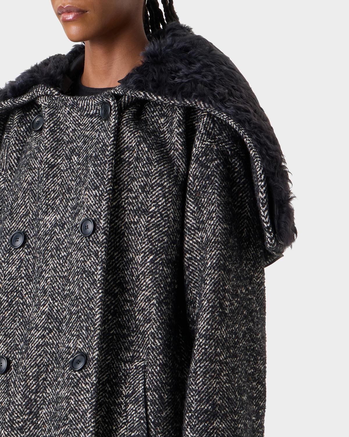Lamb Shearling Collar Double-Breasted Wool Herringbone Coat - thumbnail 7