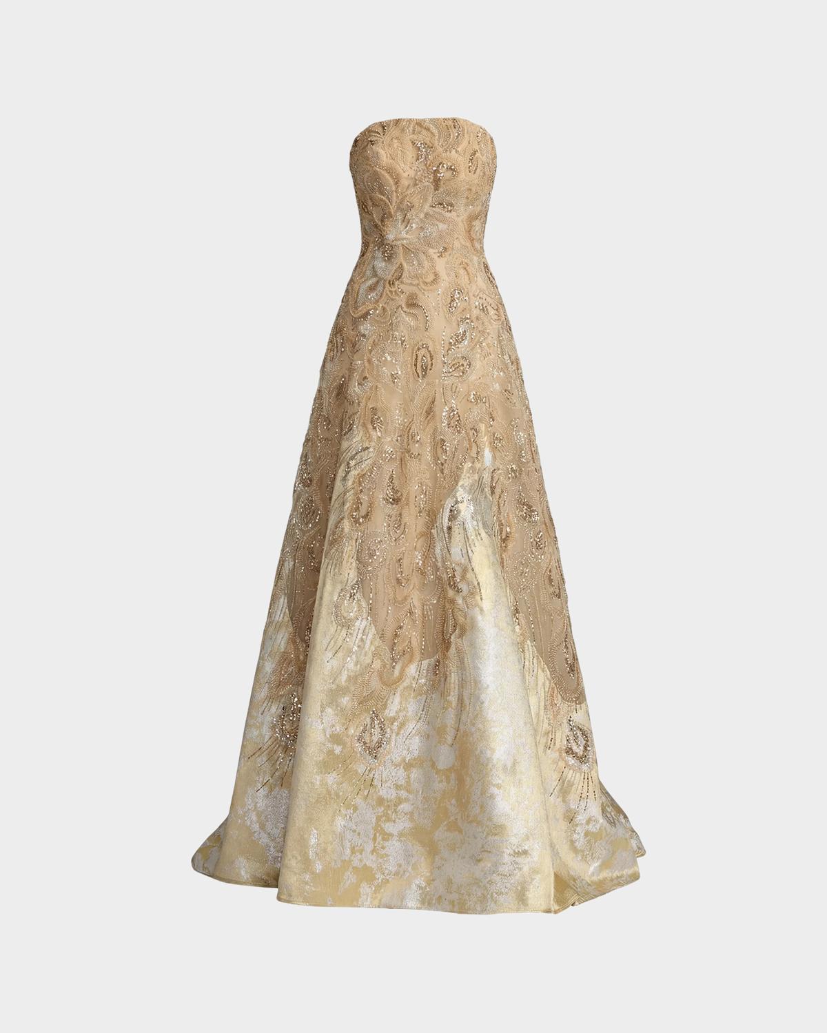 Sequin-Embellished Brocade Ball Gown