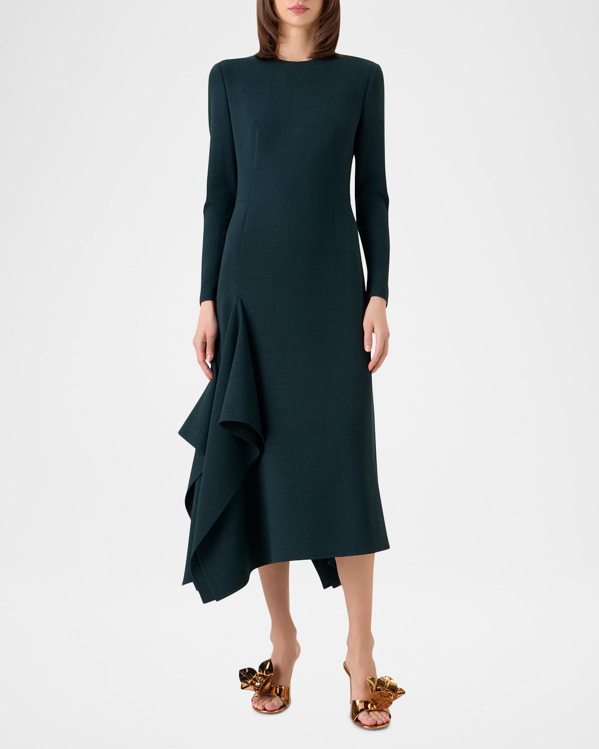 Long-Sleeve Asymmetric Draped Midi Dress - thumbnail 2
