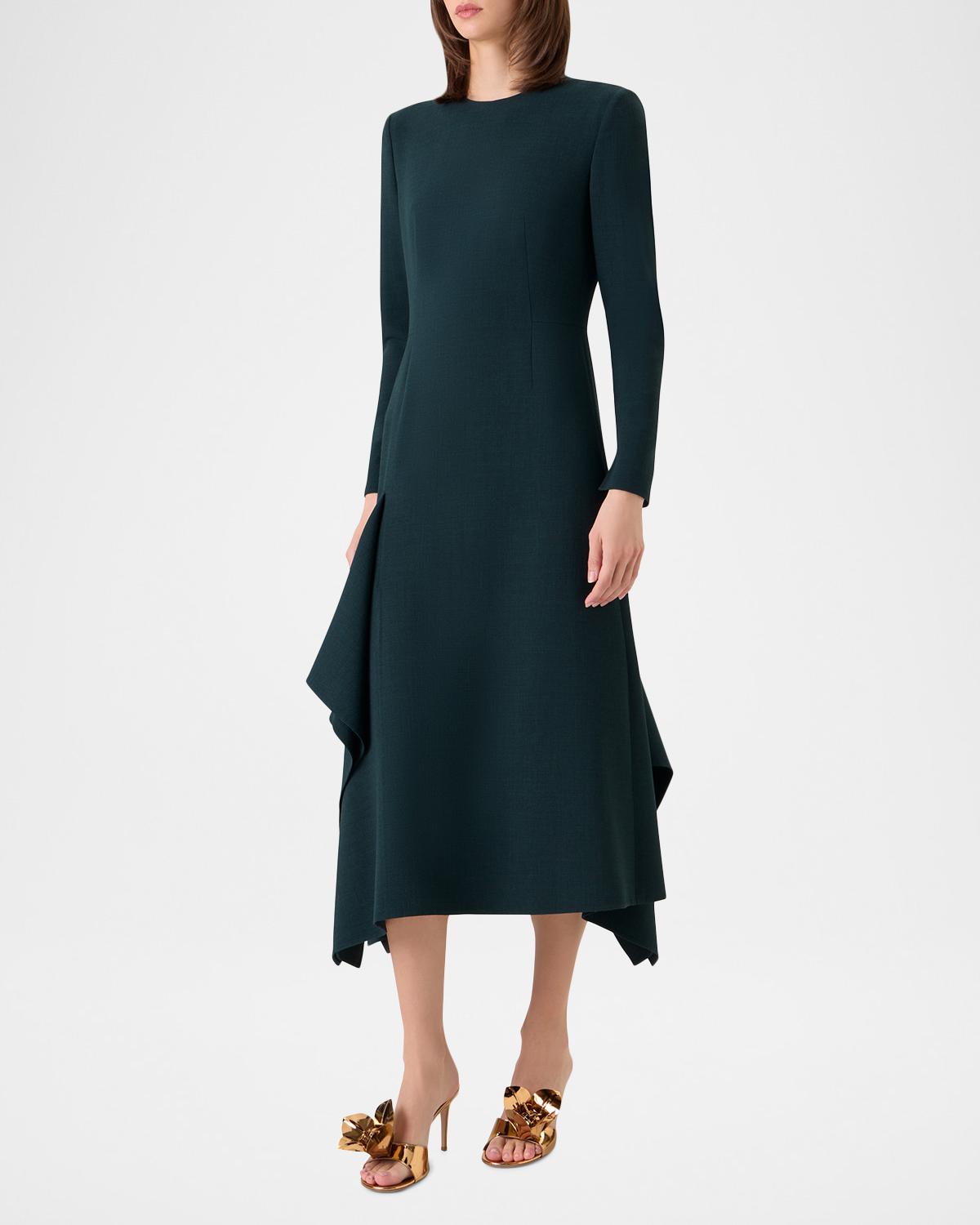 Long-Sleeve Asymmetric Draped Midi Dress - thumbnail 4