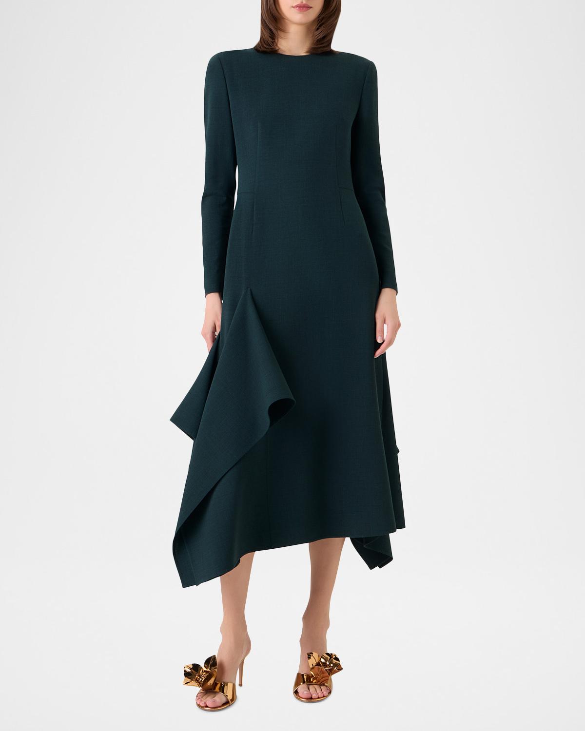 Long-Sleeve Asymmetric Draped Midi Dress - thumbnail 5